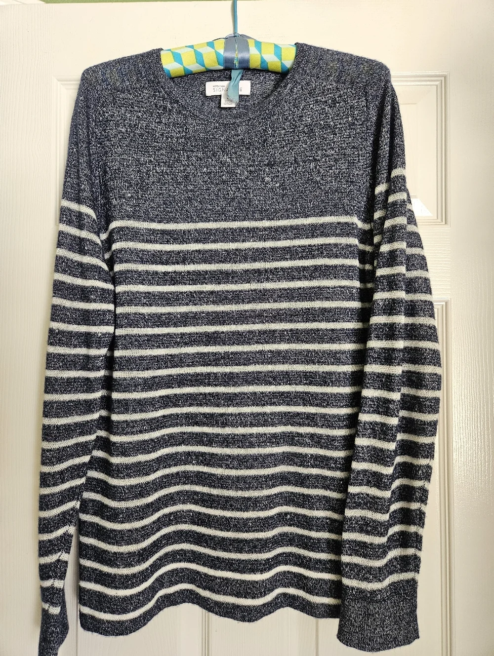 Nordstrom Signature Cashmere Linen Blue Stripe Mens Crewneck Sweater - MEDIUM - Picture 2 of 6